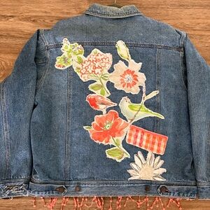 Upcycled Denim Jean Jacket w/ Flowers Birds Theme. Stitched Patches, Frayed. L.